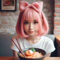 謎のピンク髪女性、海鮮麺を食らう 4枚目