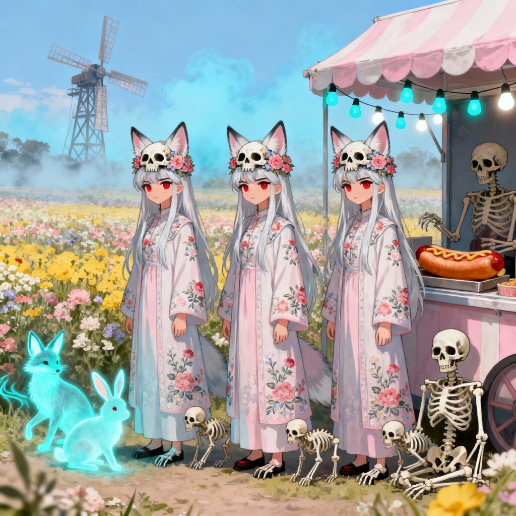 最近の生者の間であると噂で聞いた某ストリート撮影カーが通ったので急いでポーズをそろえカメラ目線になる冥界から帰ってきた者たち