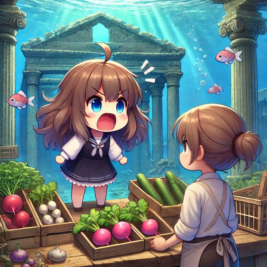海底に沈んだ古代都市で野菜を値切る小さな女の子