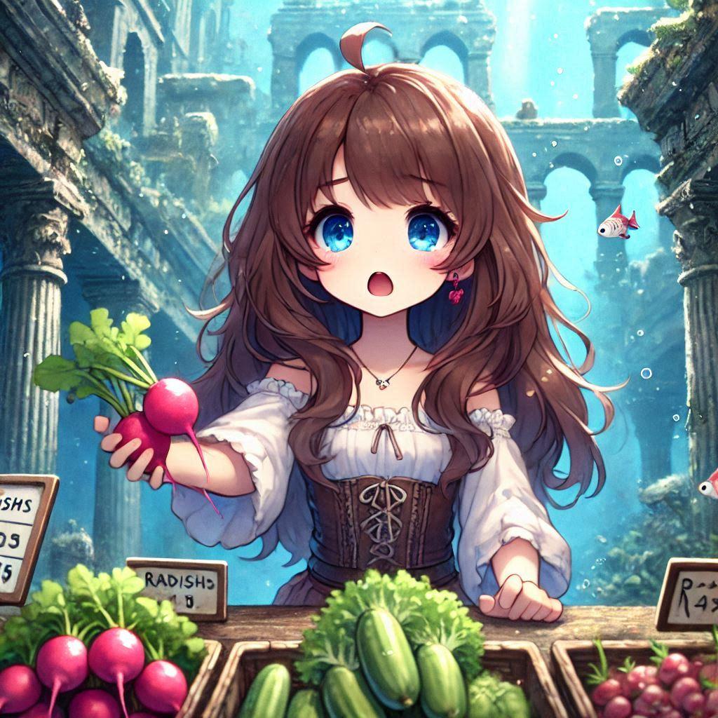 海底に沈んだ古代都市で野菜を値切る小さな女の子 | の人気AIイラスト・グラビア
