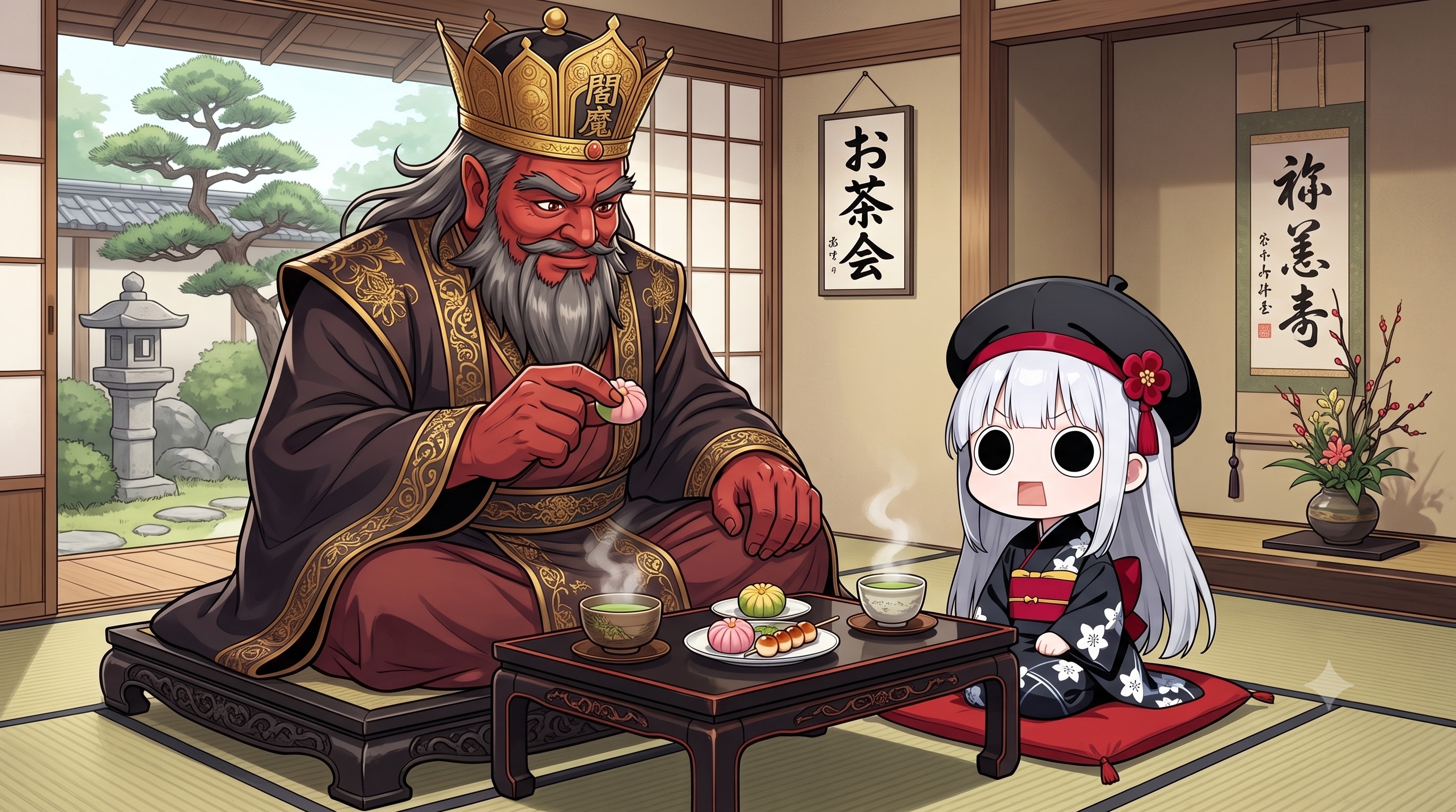 閻魔大王と御茶会を楽しむえらいこっちゃ嬢