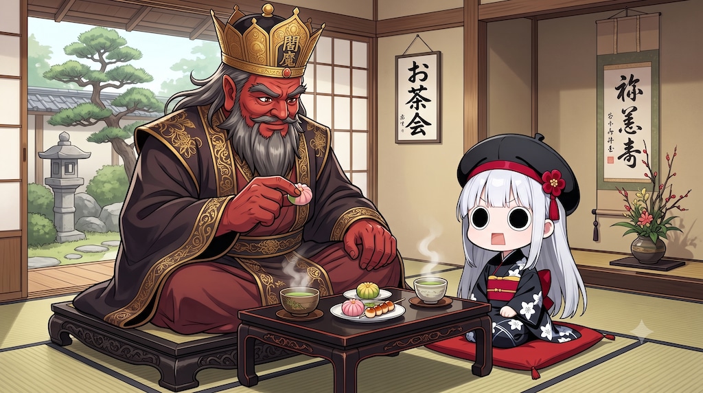 閻魔大王と御茶会を楽しむえらいこっちゃ嬢