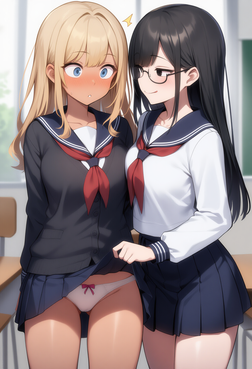「へぇ～ギャルなのにパンツは結構可愛いの穿いてるんだ♪」「ちょっ…何やってるの！ここ教室だって…」