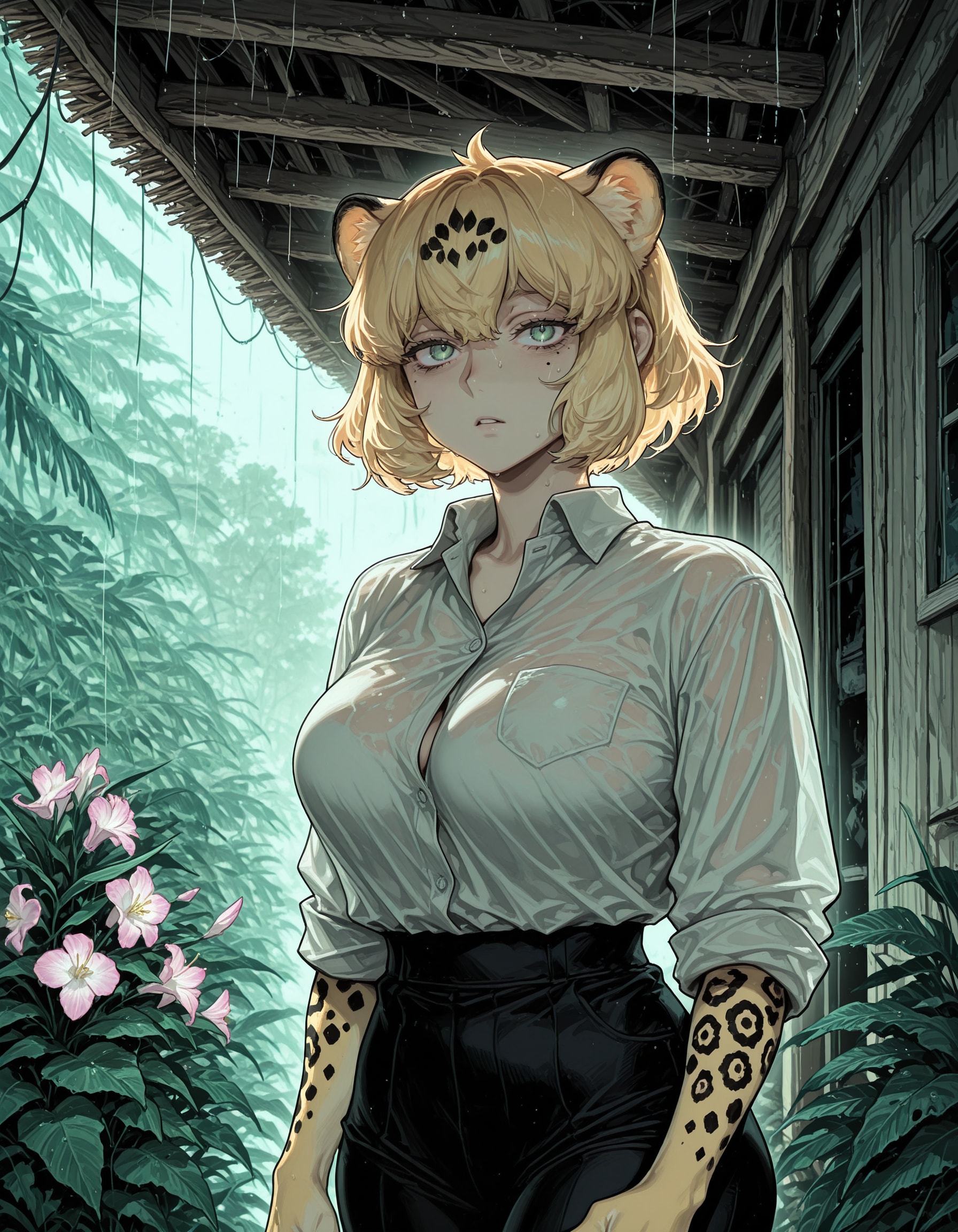 雨宿り中の目つきの悪い女ジャガーさん | の人気AIイラスト・グラビア