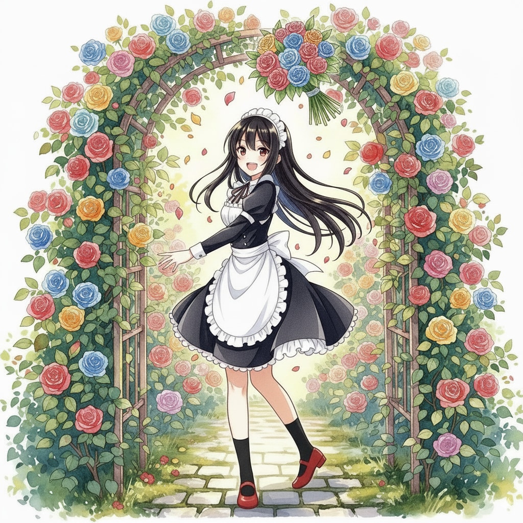 薔薇園の黒髪メイド、ブーケトスする。