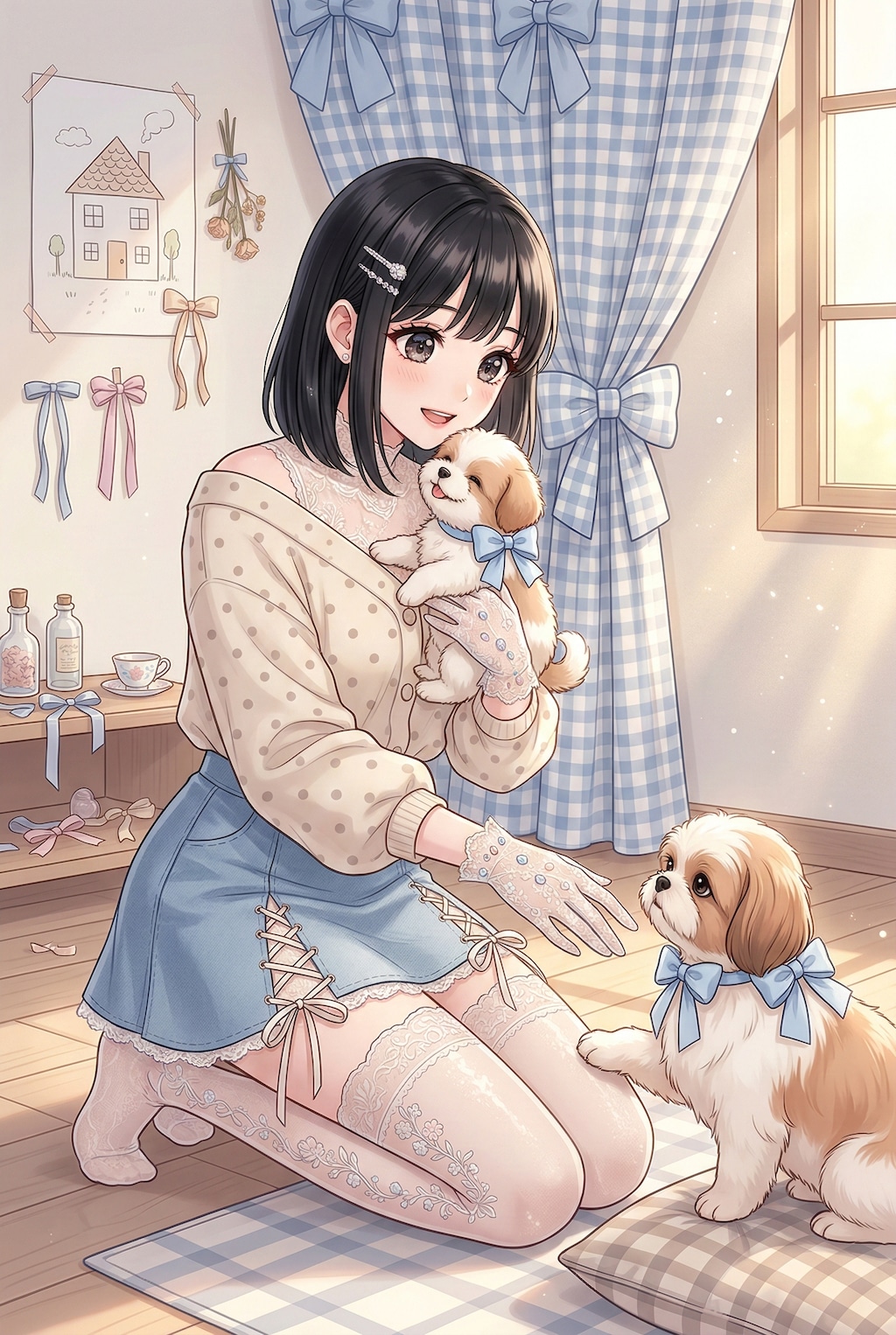 午後の光に戯れる黒髪少女と仔犬たち