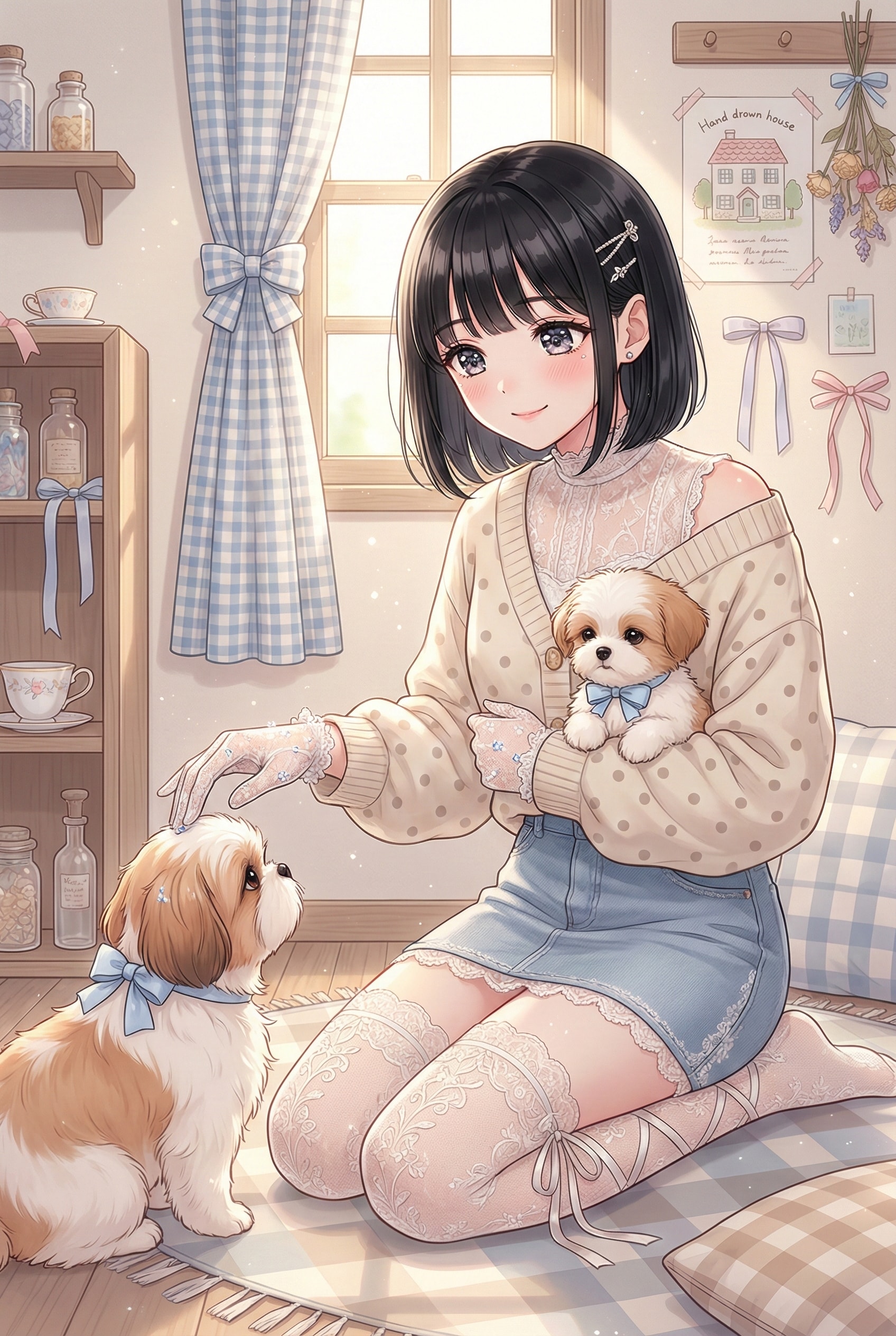 午後の光に戯れる黒髪少女と仔犬たち | の人気AIイラスト・グラビア