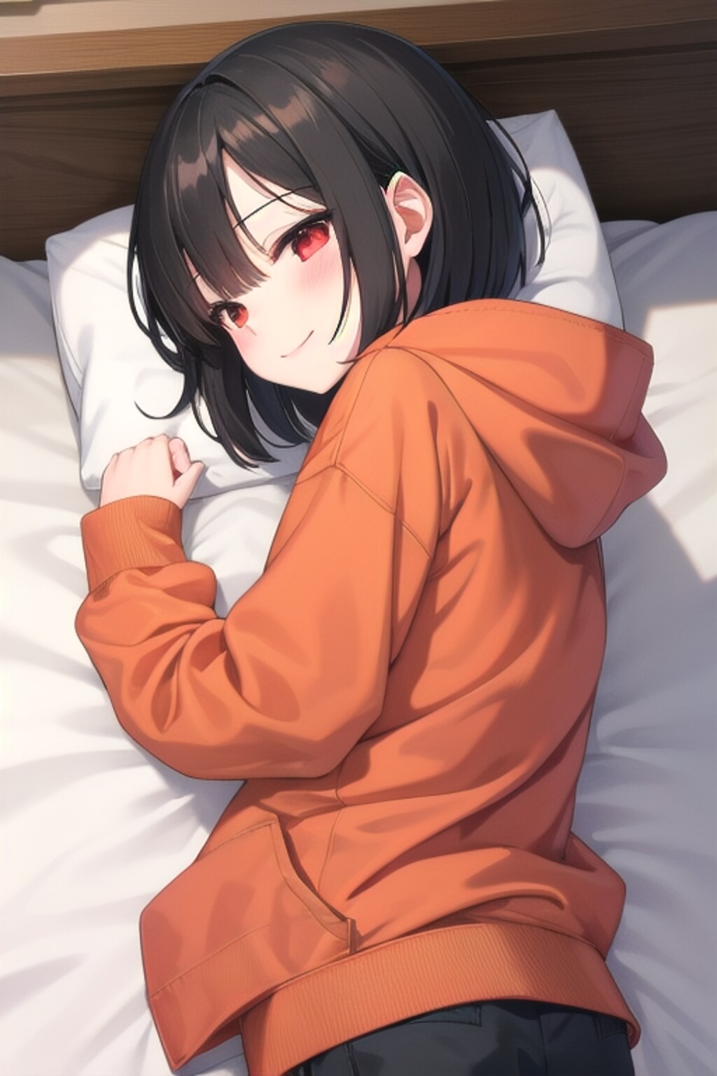 寝転がっている赤いパーカーの少年4