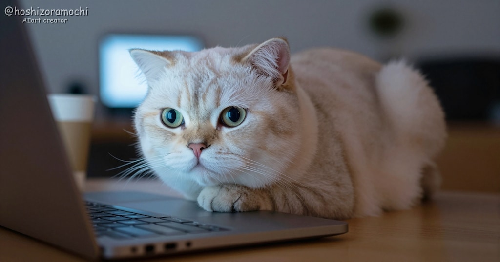 深夜の画面を見つめる真剣な瞳👀 夜勤担当のモフモフ猫社員