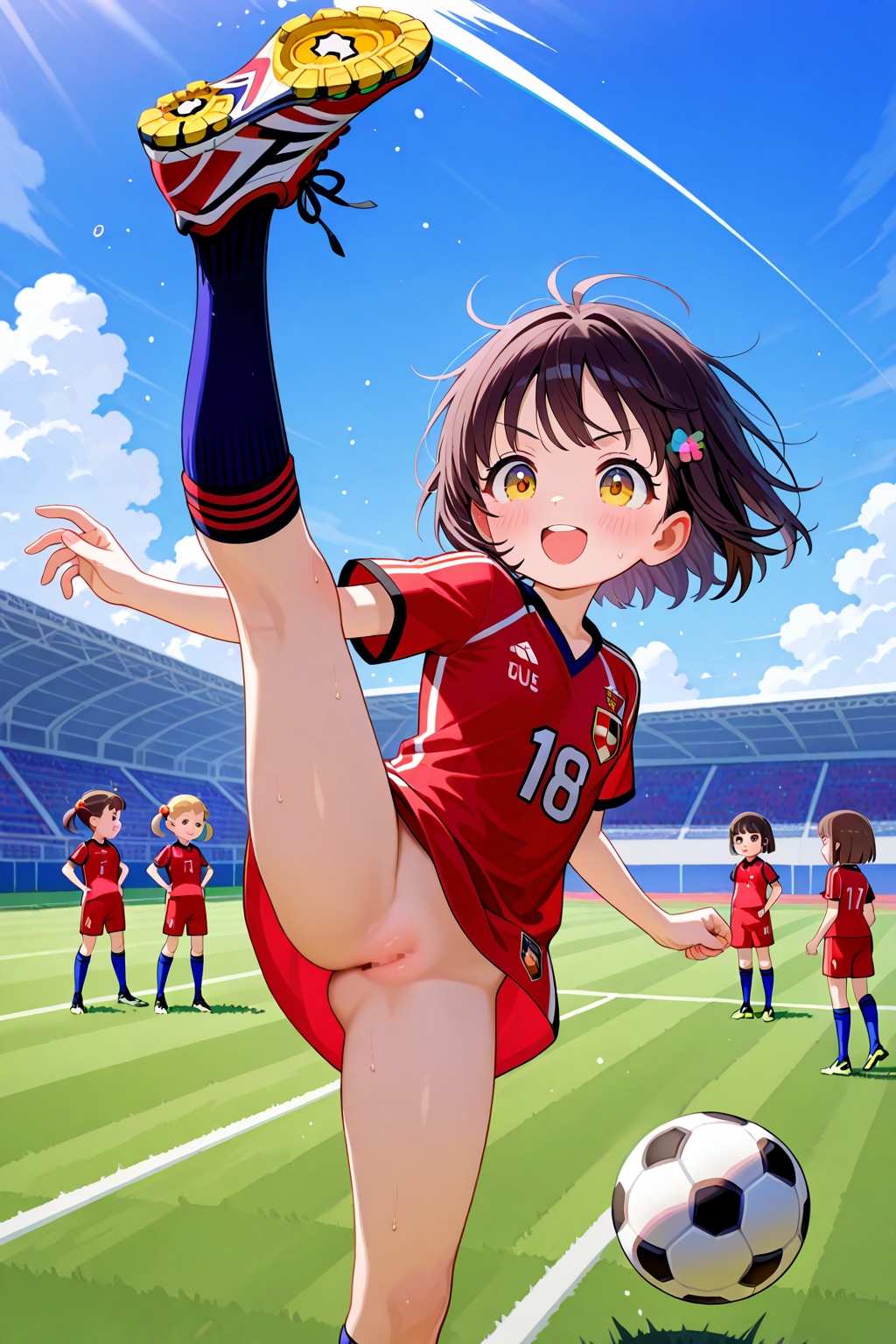 スカートユニフォームのサッカー少女(ノーパン)