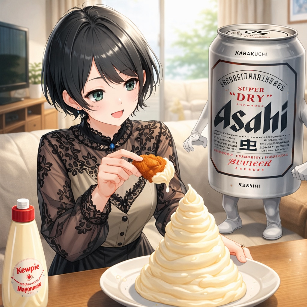 マヨネーズに唐揚げを浸ける藍音ちゃん