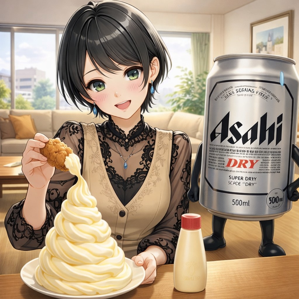 マヨネーズに唐揚げを浸ける藍音ちゃん