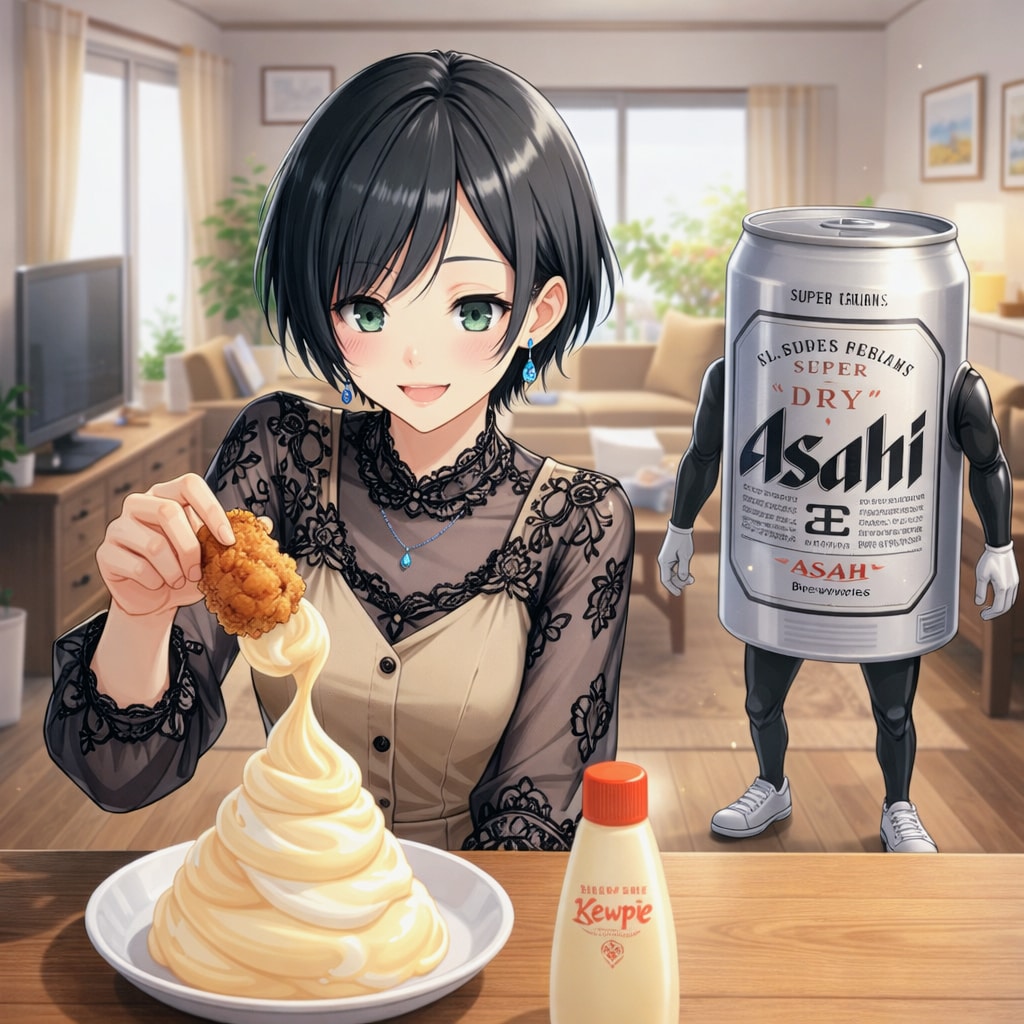 マヨネーズに唐揚げを浸ける藍音ちゃん