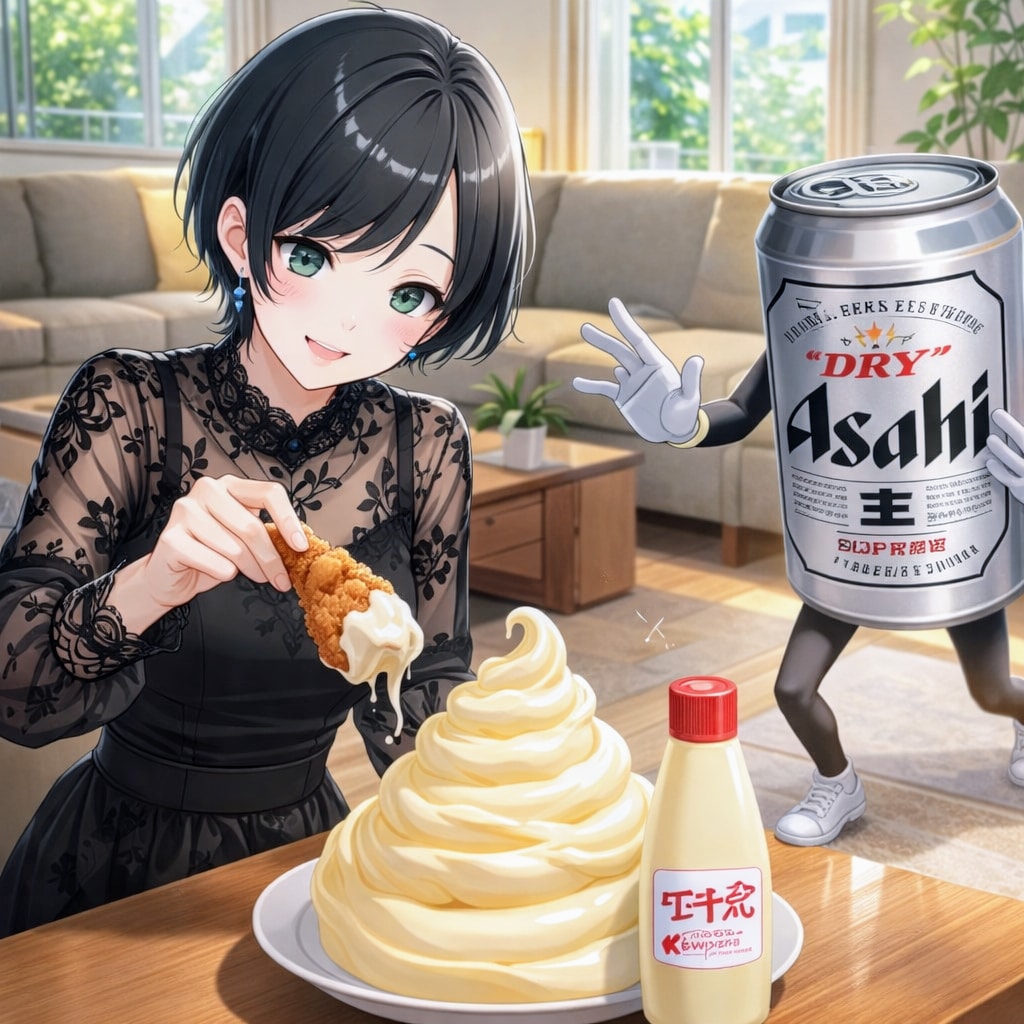 マヨネーズに唐揚げを浸ける藍音ちゃん