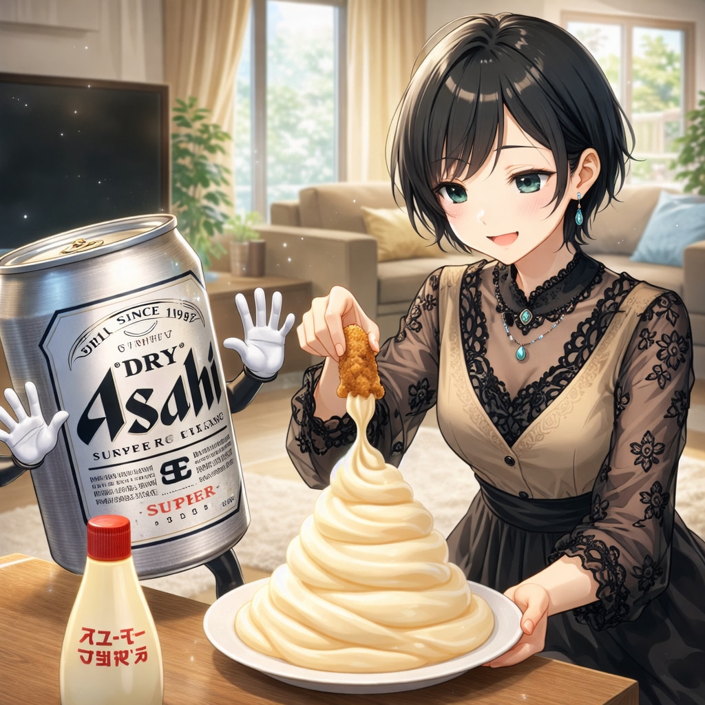 マヨネーズに唐揚げを浸ける藍音ちゃん