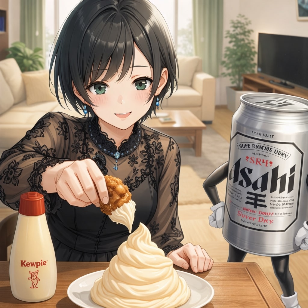 マヨネーズに唐揚げを浸ける藍音ちゃん