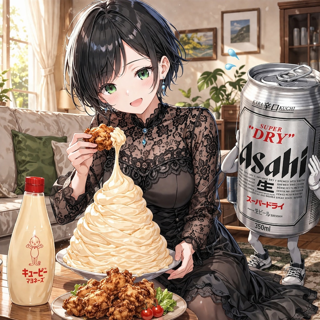 マヨネーズに唐揚げを浸ける藍音ちゃん