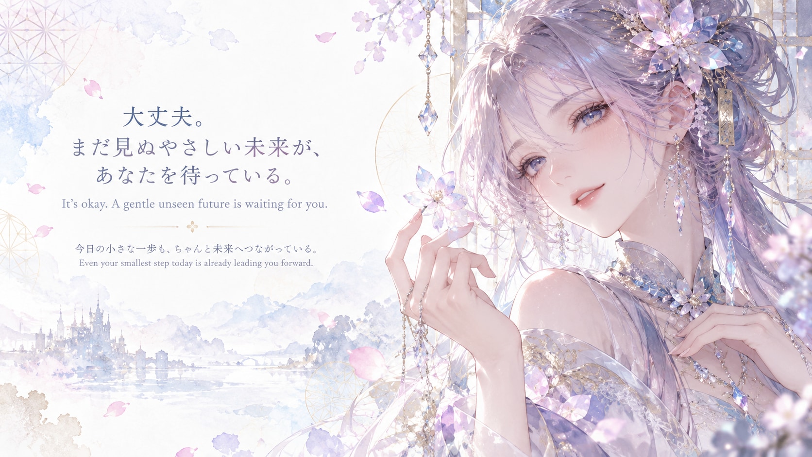 A Brighter You  Set against a serene watercolor dreamscape of distant castles and gentle floating pe | の人気AIイラスト・グラビア