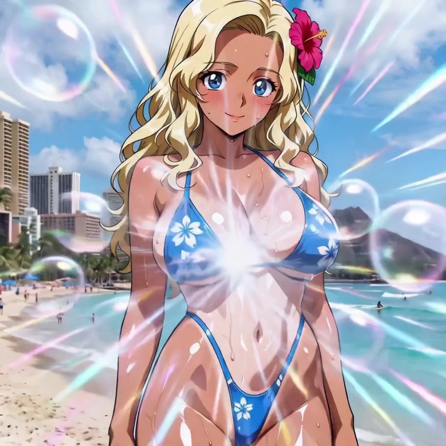 （ハイレグビキニ美少女液状化消滅💕パラパラ疑似アニメ♪）水の美少女戦士のあのシャボン玉攻撃を侮った悪のハイレグビキニ美少女！ビーチの汁と消える💦