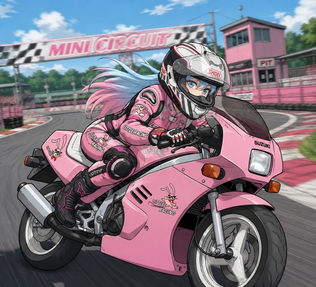 <鈴木ちゃん>ピンクのバイクとスーツでピンクの髪が走る