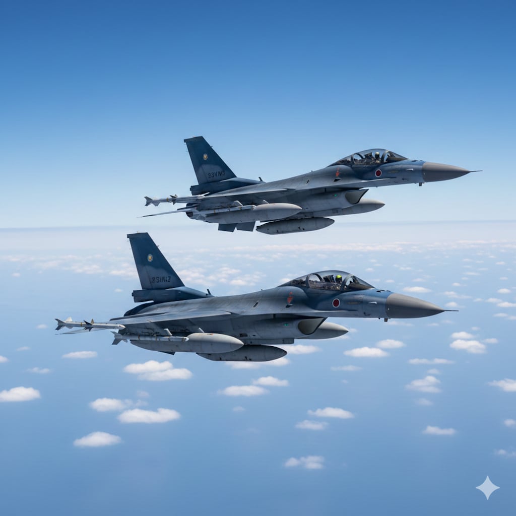 【お試し生成】航空自衛隊 Ｆ-２戦闘機　２機編隊