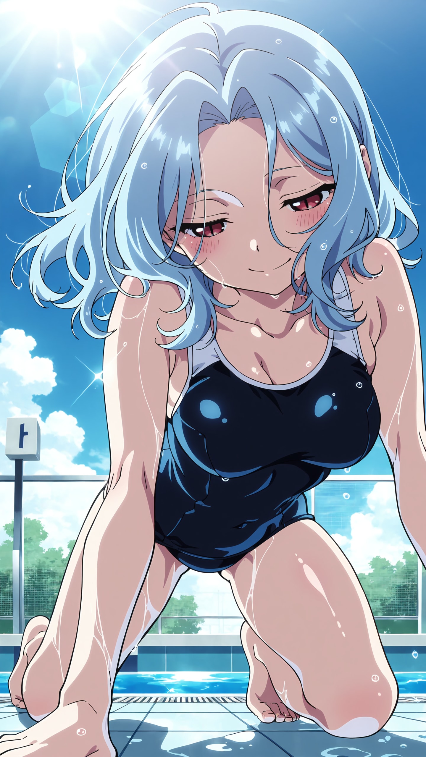 プールサイドで水滴を光らせながら