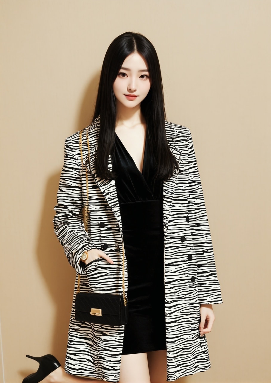 しずか 壁 アニマル柄コート 黒ドレス 立ち姿 | の人気AIイラスト・グラビア