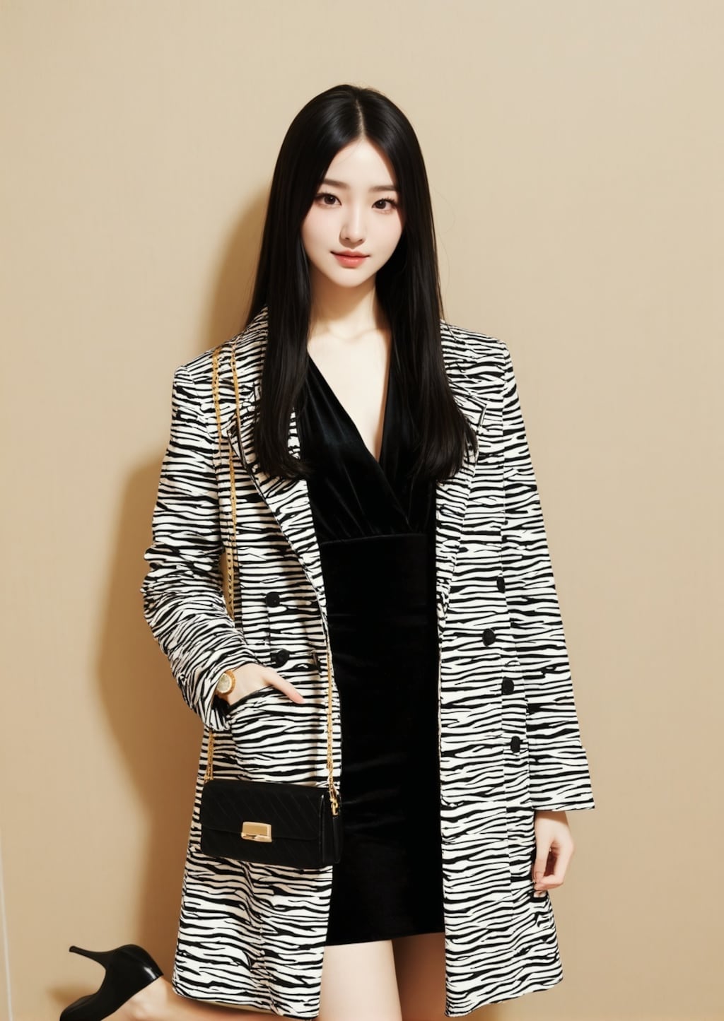 しずか 壁 アニマル柄コート 黒ドレス 立ち姿