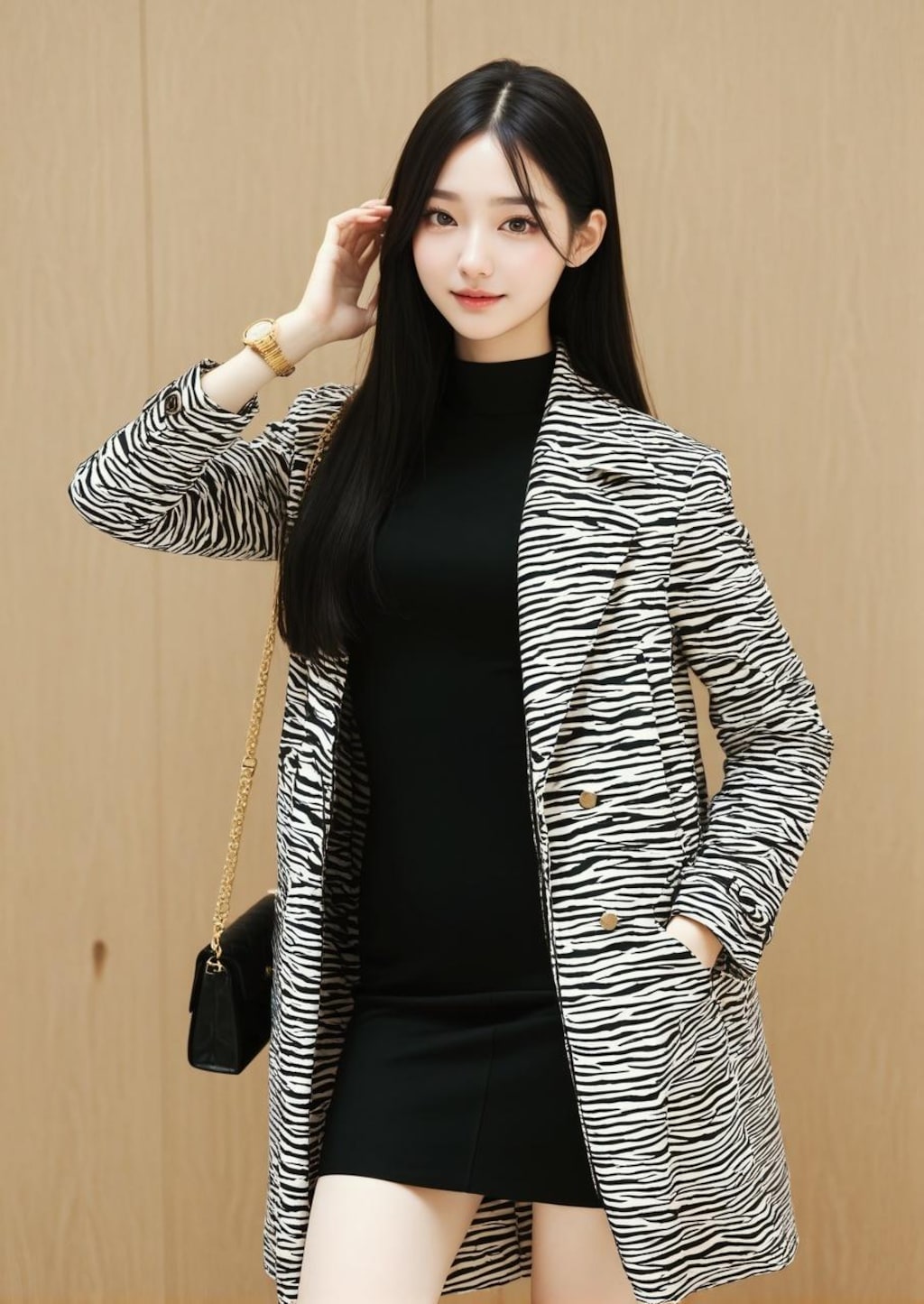 しずか 壁 アニマル柄コート 黒ドレス 立ち姿