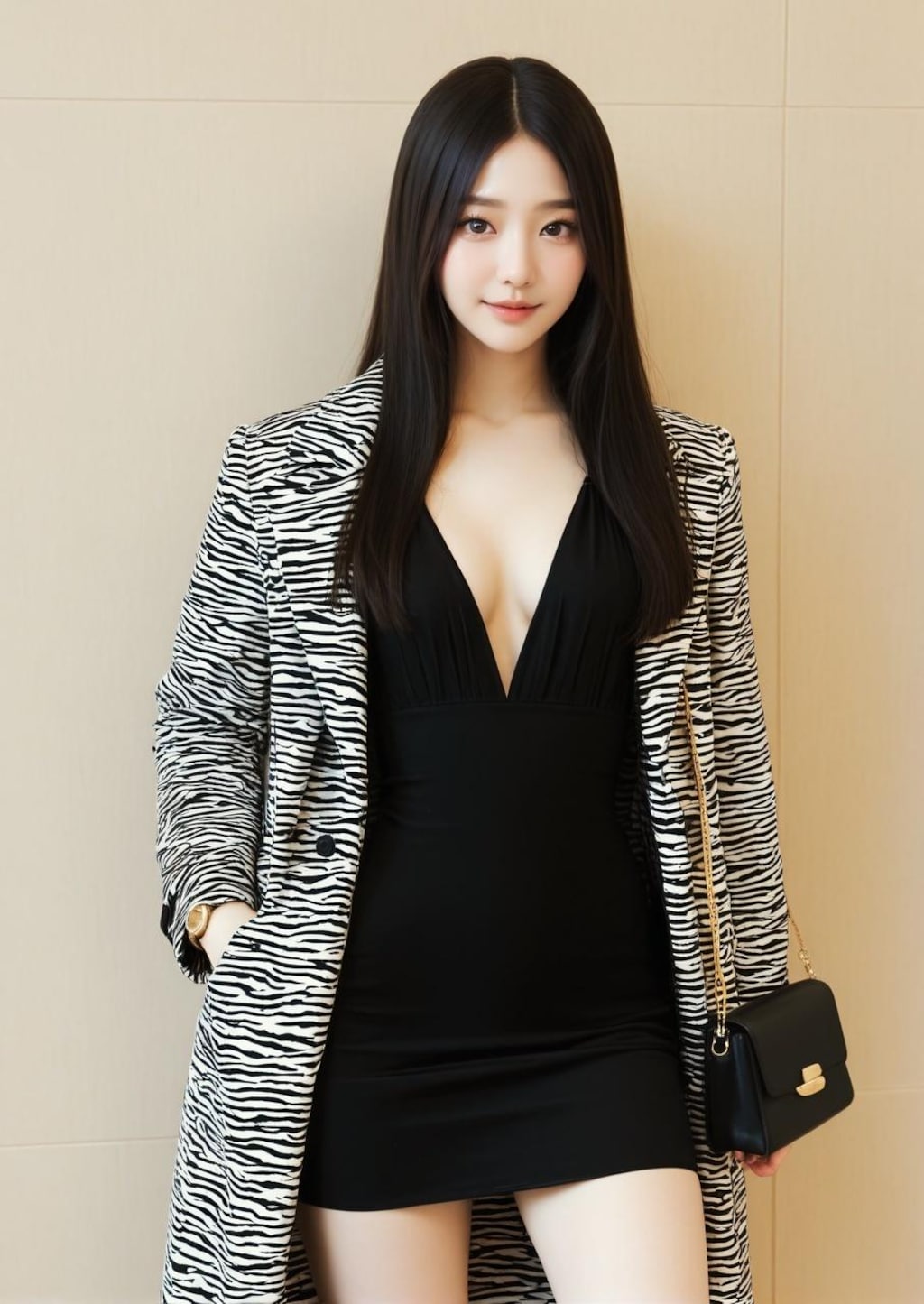 しずか 壁 アニマル柄コート 黒ドレス 立ち姿