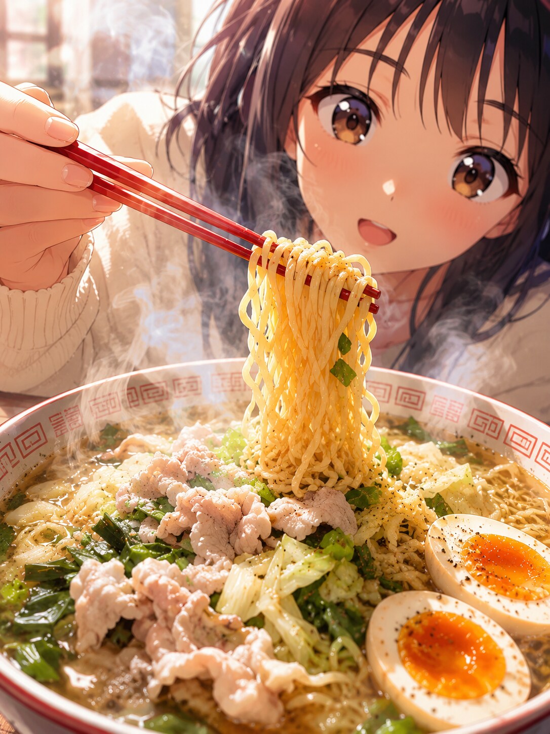 豚しゃぶゆで卵こしょう白菜ニラ刻み煮込みラーメン | の人気AIイラスト・グラビア