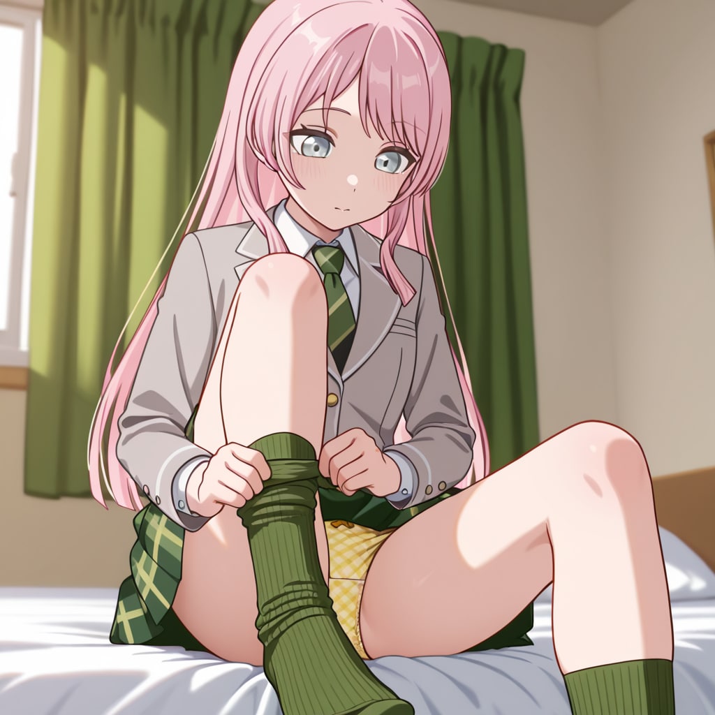 千早愛音がベッドで靴下を穿いてパンチラ