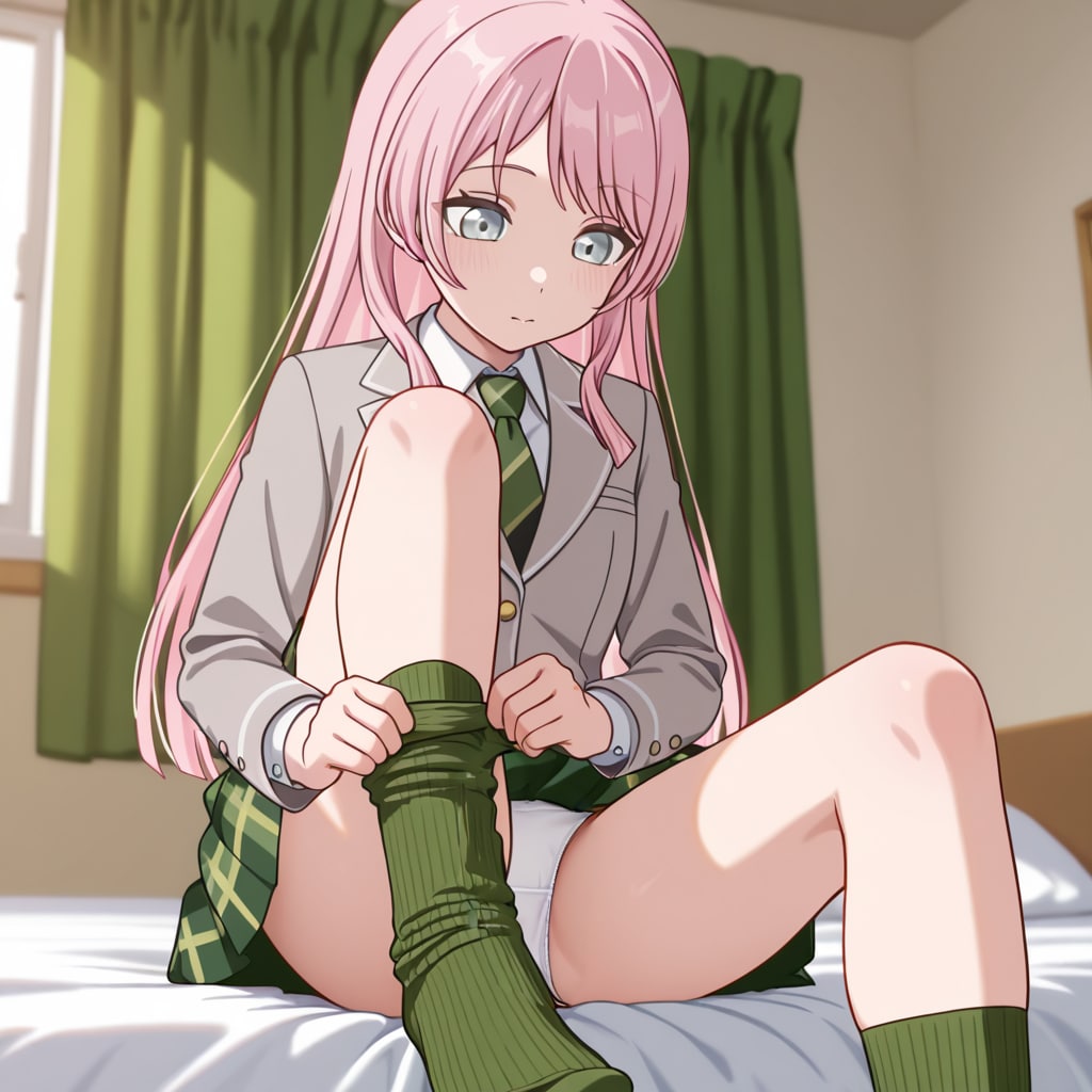 千早愛音がベッドで靴下を穿いてパンチラ