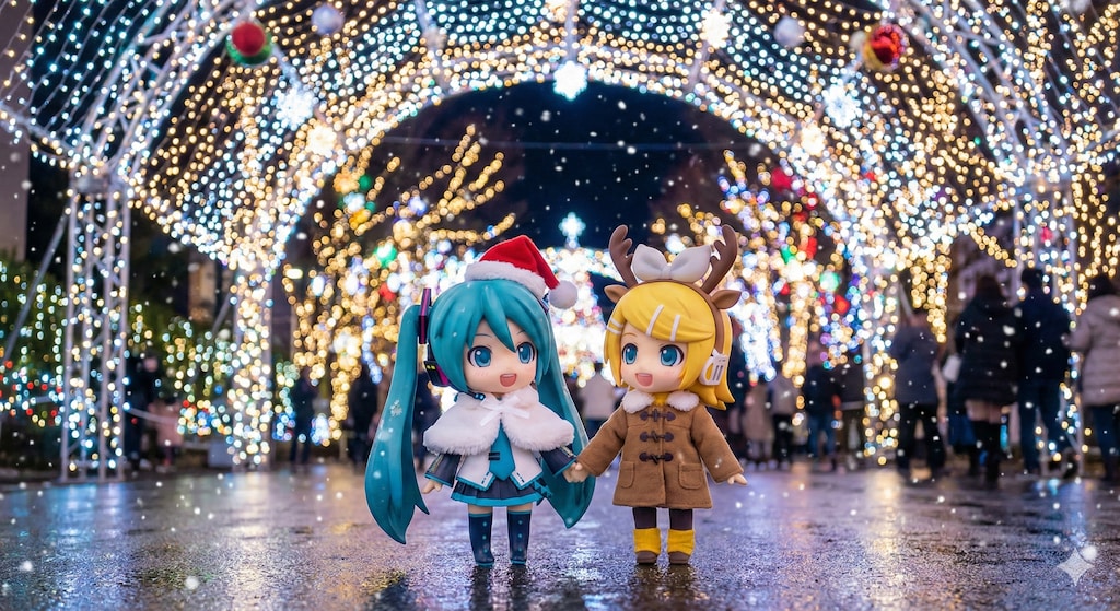 クリスマスイルミネーションが輝く中を歩くミクちゃん リンちゃん