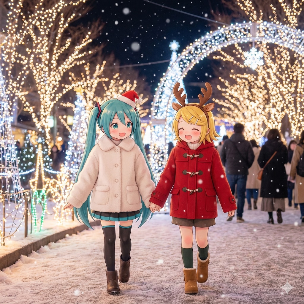 クリスマスイルミネーションが輝く中を歩くミクちゃん リンちゃん