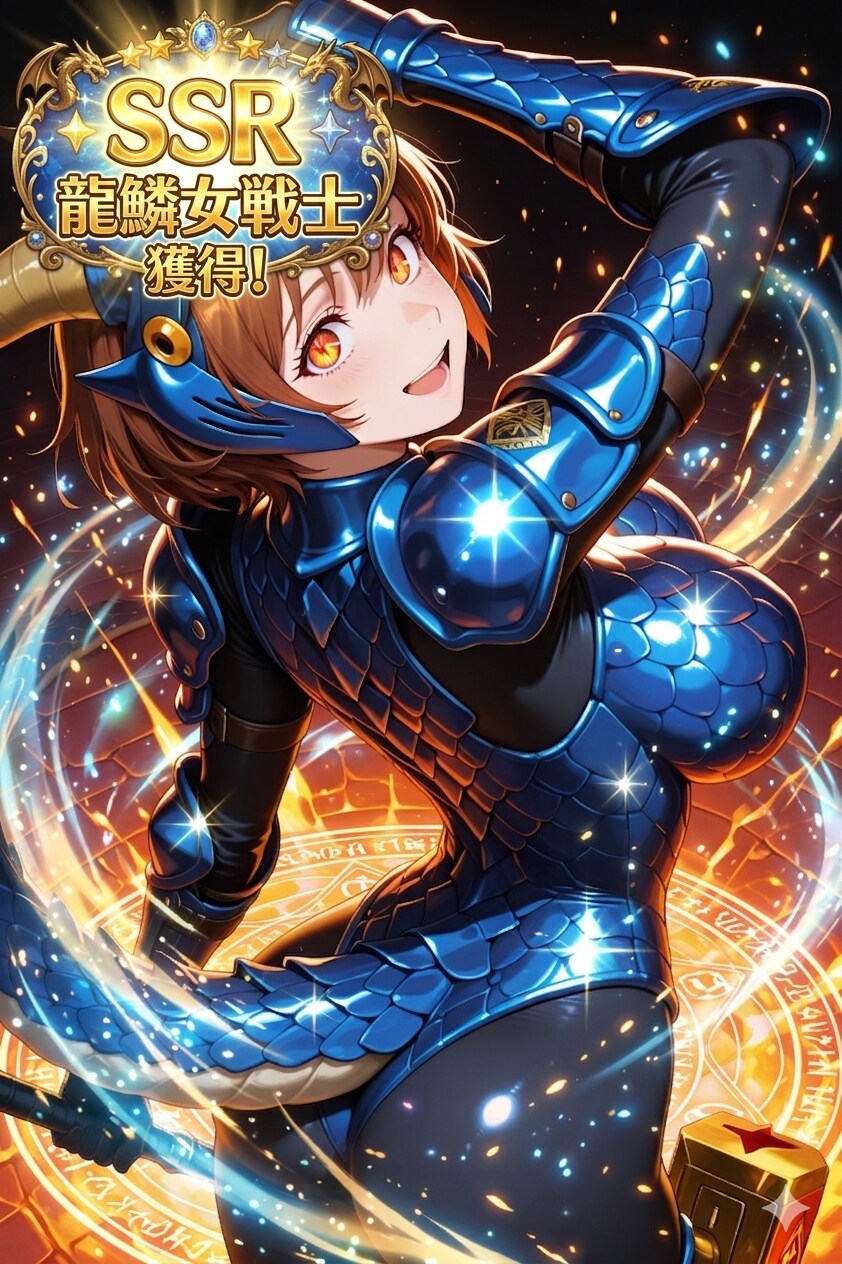 SSR召喚エフェクト付きドラゴンスケールアーマー装備女戦士さん