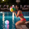 ナイトプールでビーチボールを膨らます女の子 3枚目
