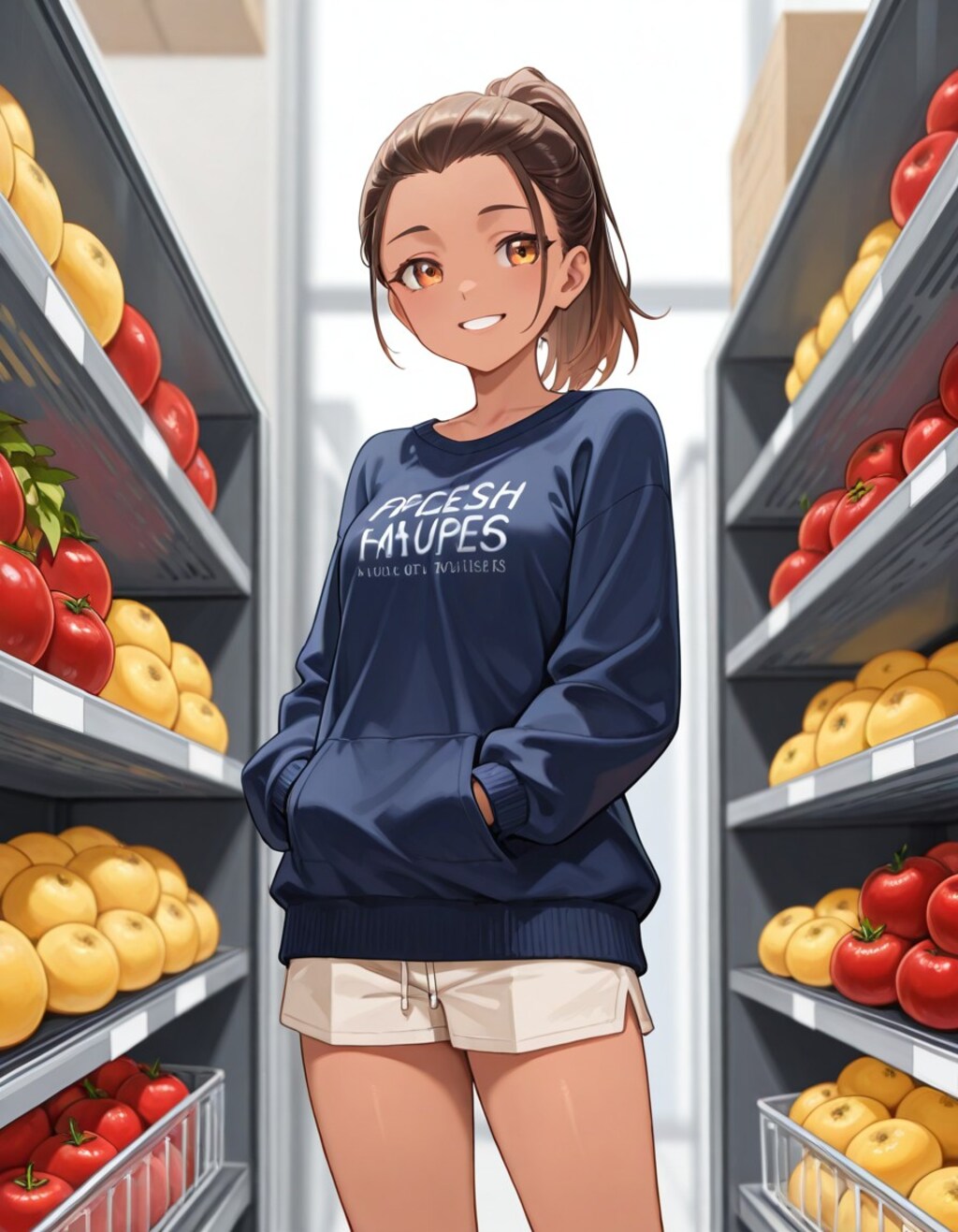 果実売り場に立つ子