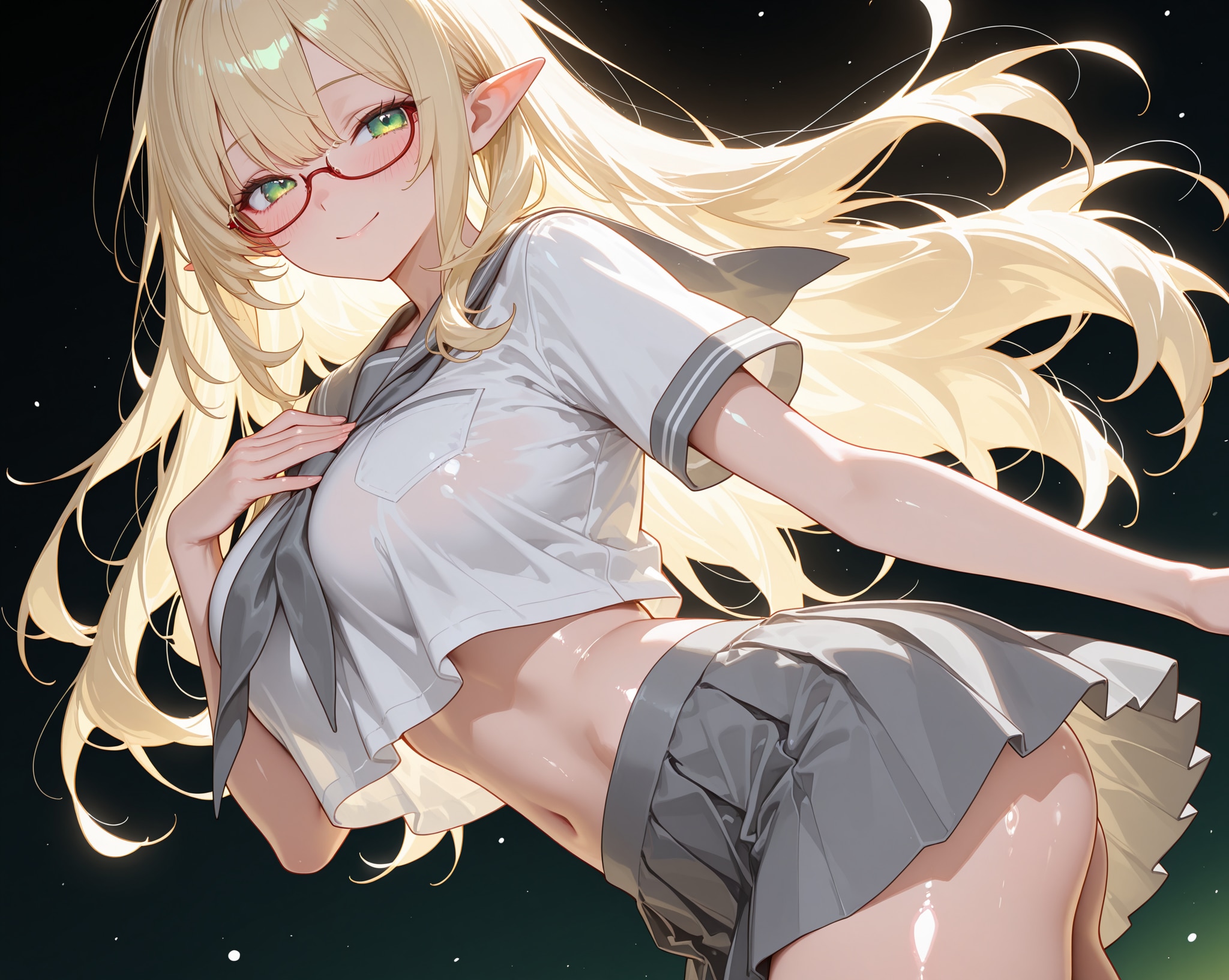 金髪エルフさん♪…制服ヘソ出し♡