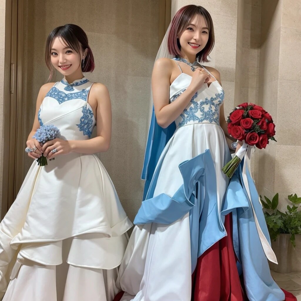 黒髪ボブでウェディングドレスの美女達