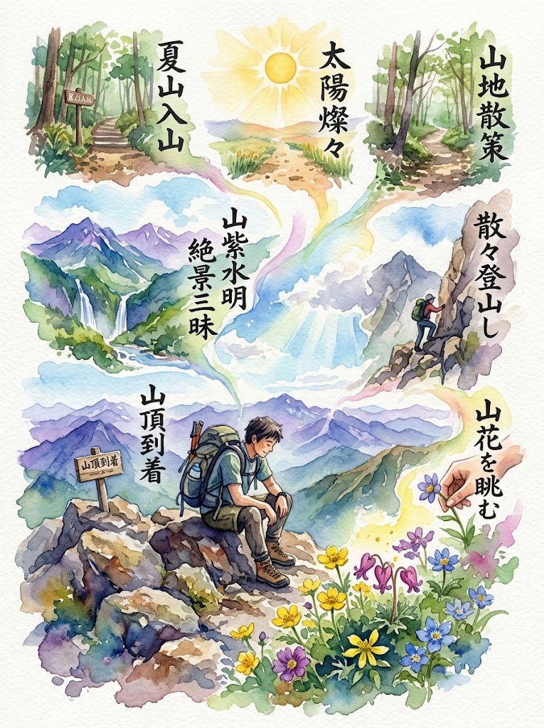 太陽燦々夏山入山山地散策山紫水明絶景三昧散々登山し山頂到着山花を眺む