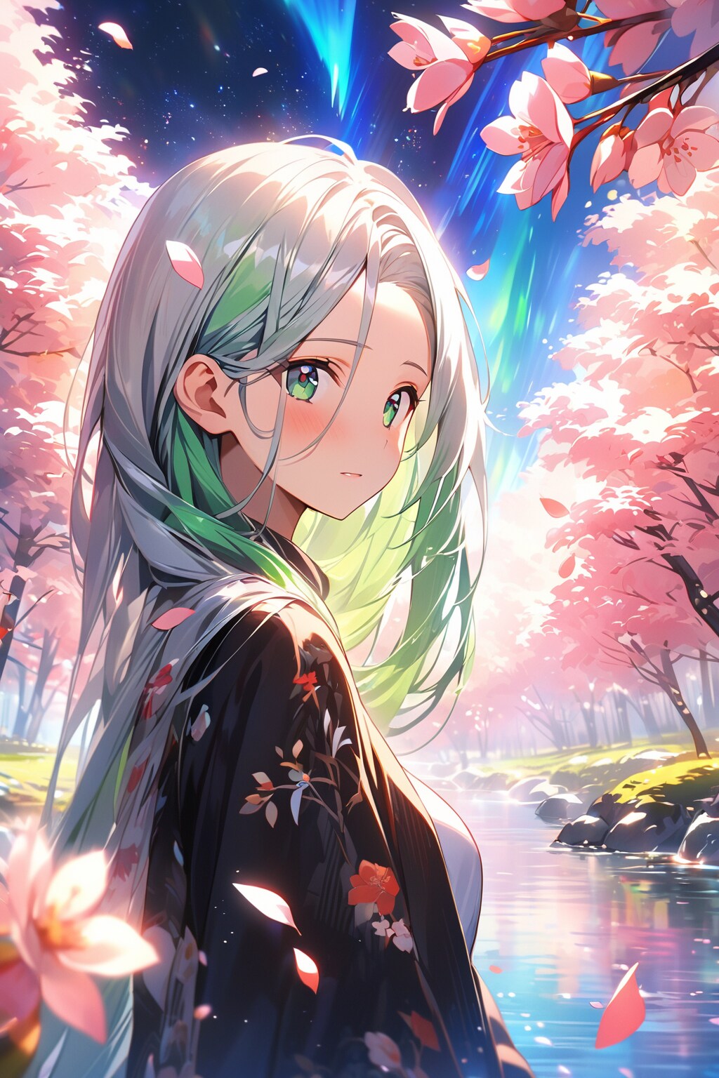 桜と和服と星空と