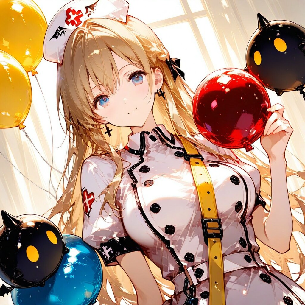 いっぱい風船を持つブロンドロングのナース服の美女。