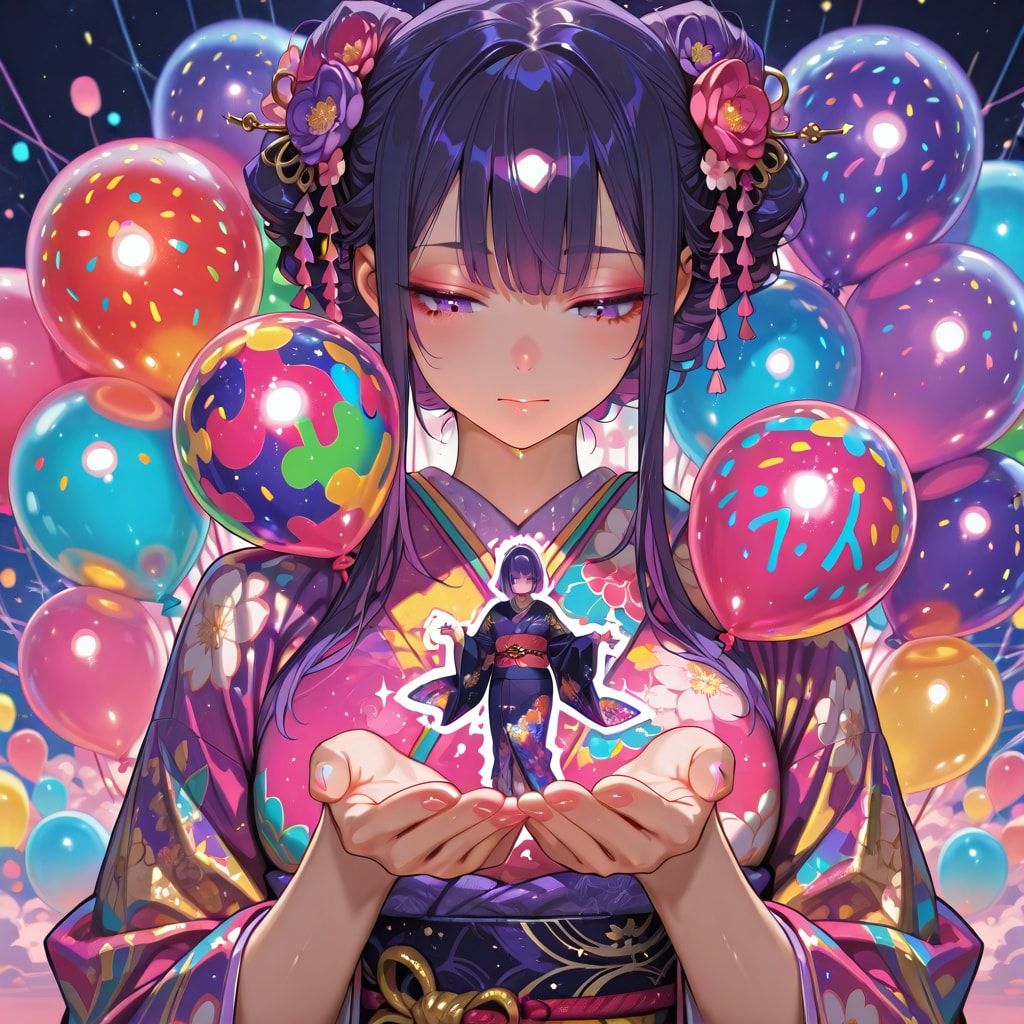 色とりどりの風船を持つ紫髪お団子ヘアの着物着た美少女 | の人気AIイラスト・グラビア