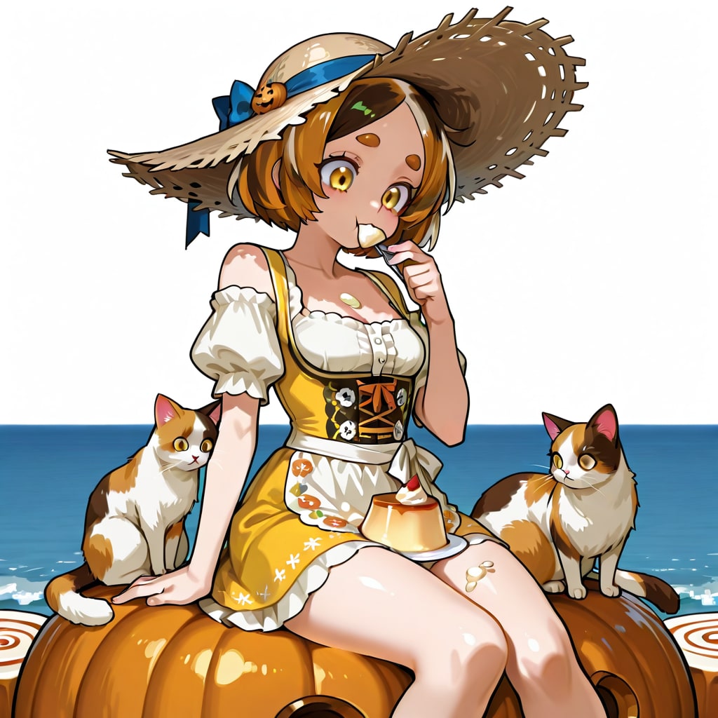 難易度の高いプリンの食べ方にチャレンジをする空がログアウトした世界線の海辺の街で暮らす少女