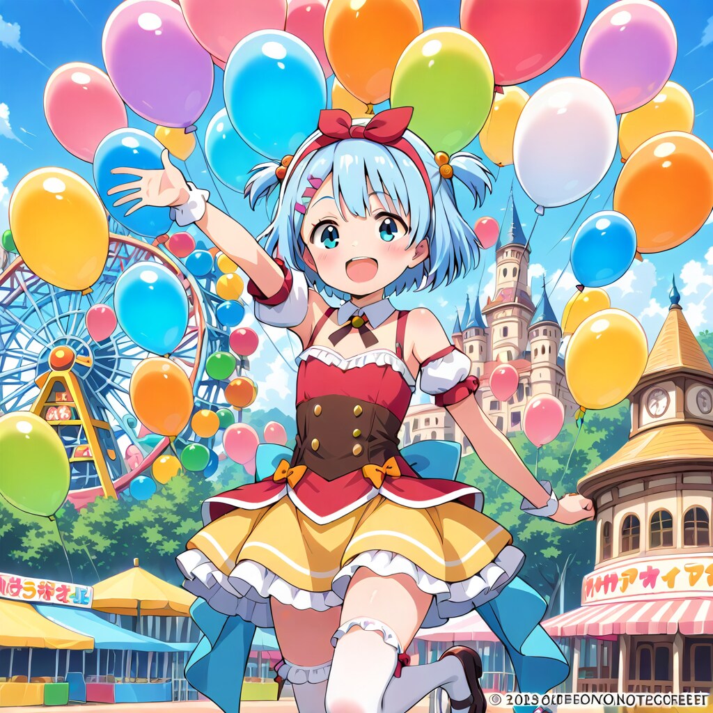 いっぱい色とりどりの風船を持つ青い髪ショートカットの美少女は遊園地で遊ぶ | の人気AIイラスト・グラビア