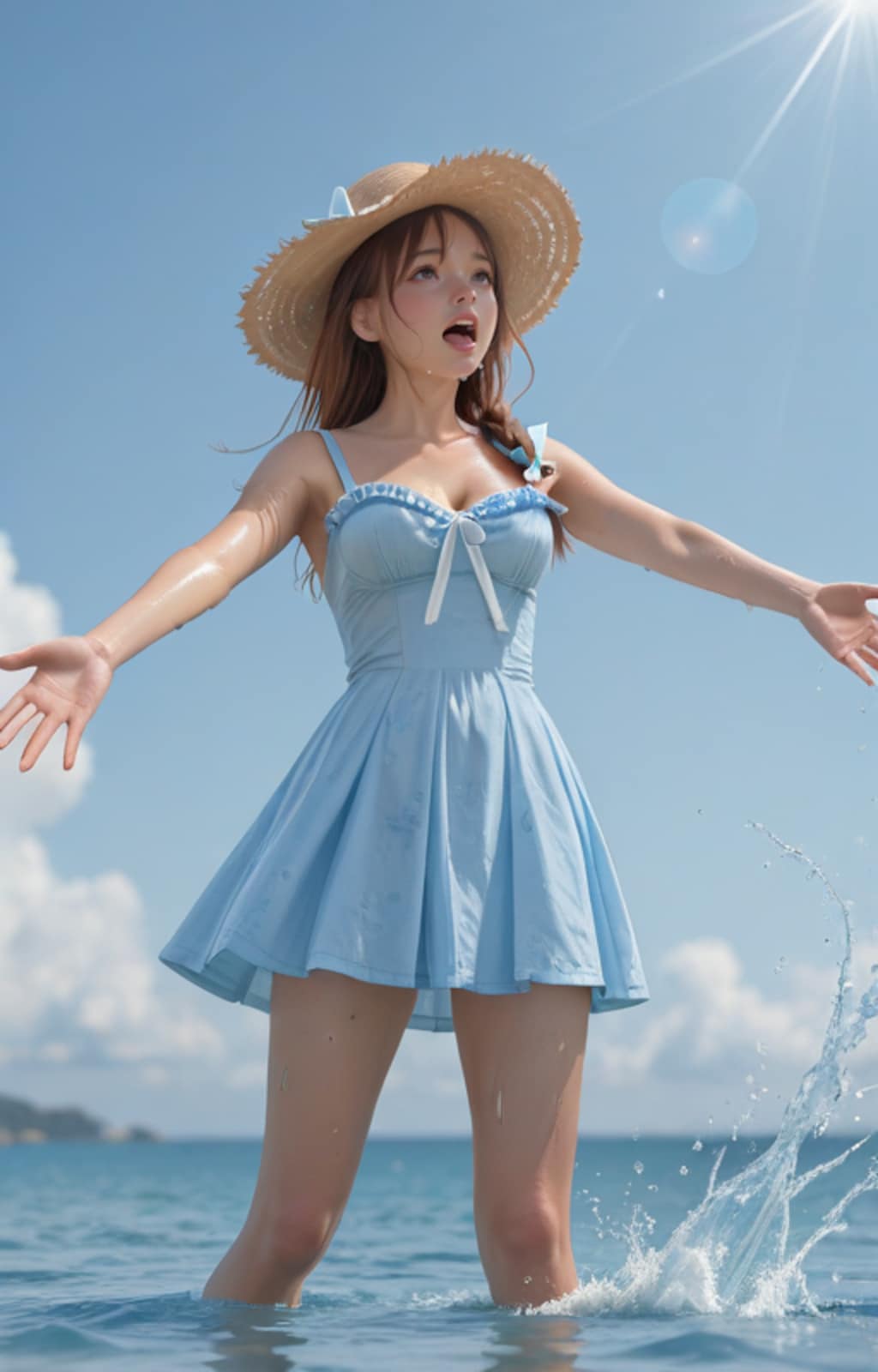 海ではしゃぐ女子