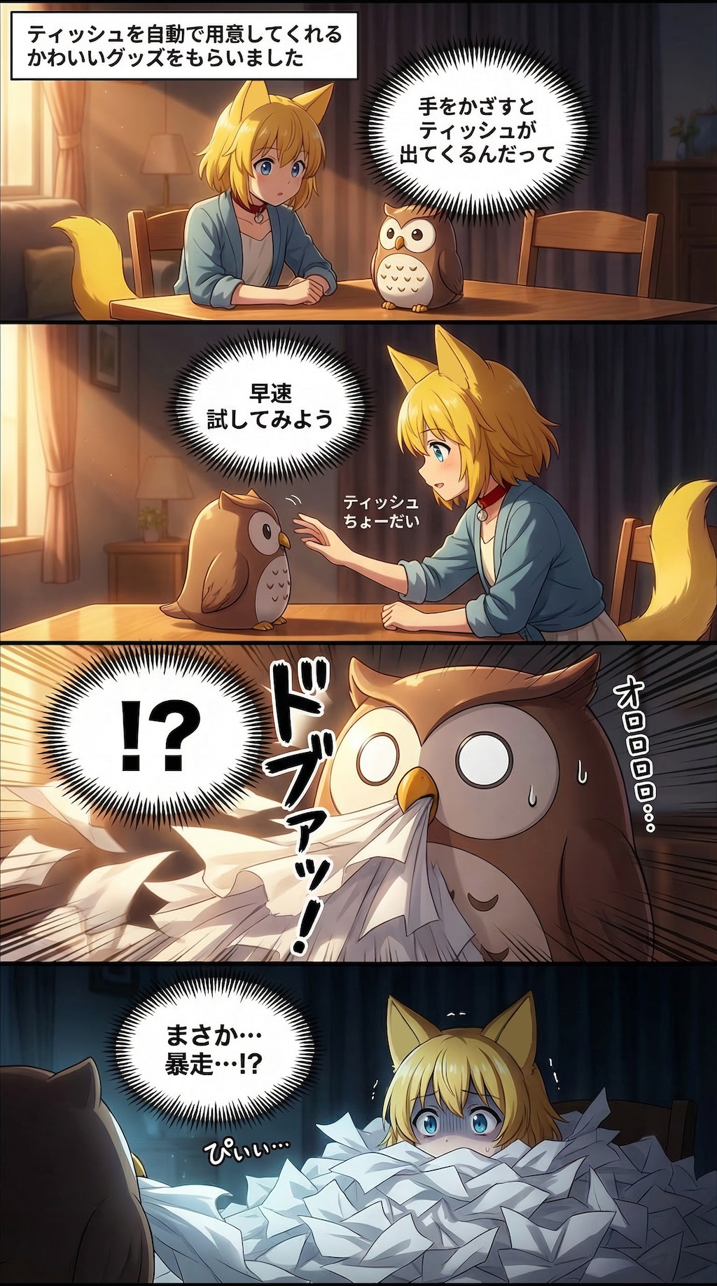 手を差し出すだけでティッシュをくれるというかわいらしいフクロウの置物を前にして胸をときめかせながら試してみたところ最初の一枚を渡してくれるどころか滝…