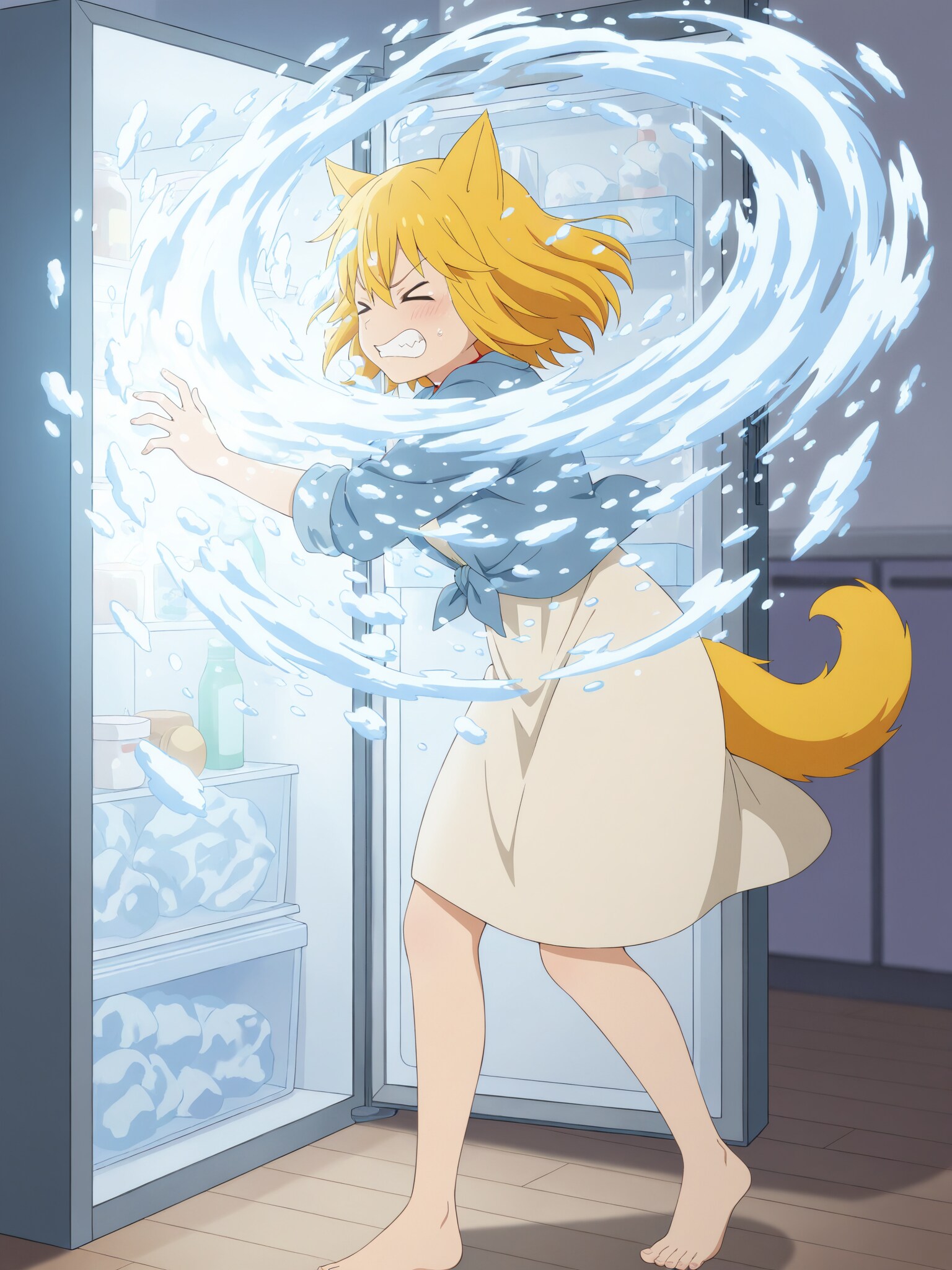 冷たいものでも飲もうと1枚扉の冷蔵庫を開けたら豪雪地帯とでも繋がっていたのか物凄く吹雪いておりあっけにとられる間もなく襲いかかってきた身を刺す寒風と雪の直撃をモロに受けてしま… | の人気AIイラスト・グラビア