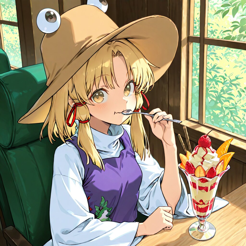 カフェでパフェを食べる諏訪子